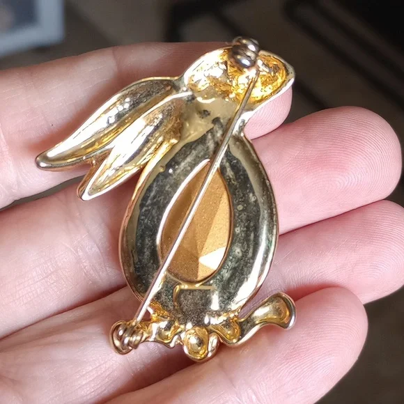 Gold Rabbit Brooch with Clear Gem - Picture 2 of 2